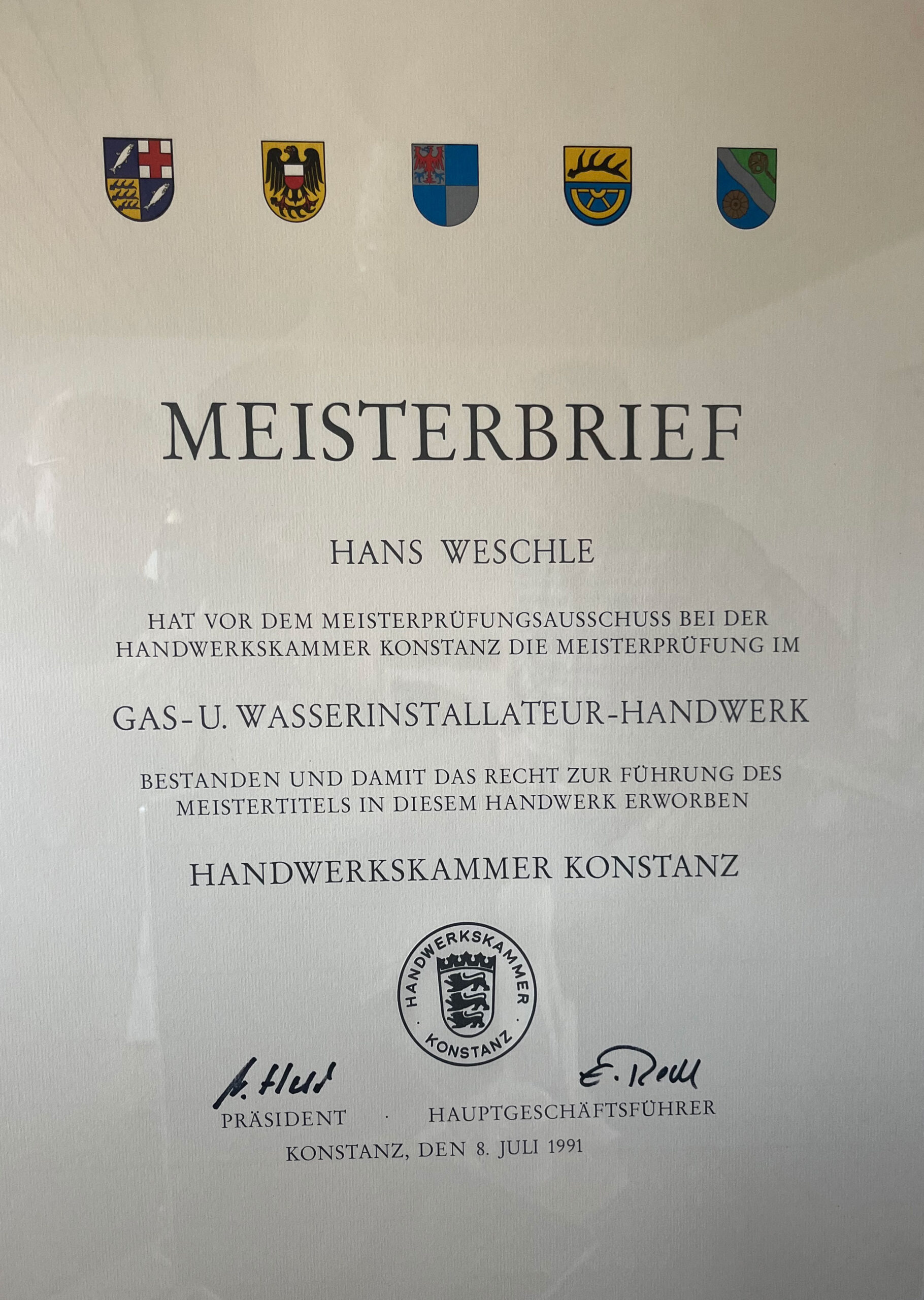 Meisterbrief Hans Weschle Gas- und Wasserinstallateur Handwerk