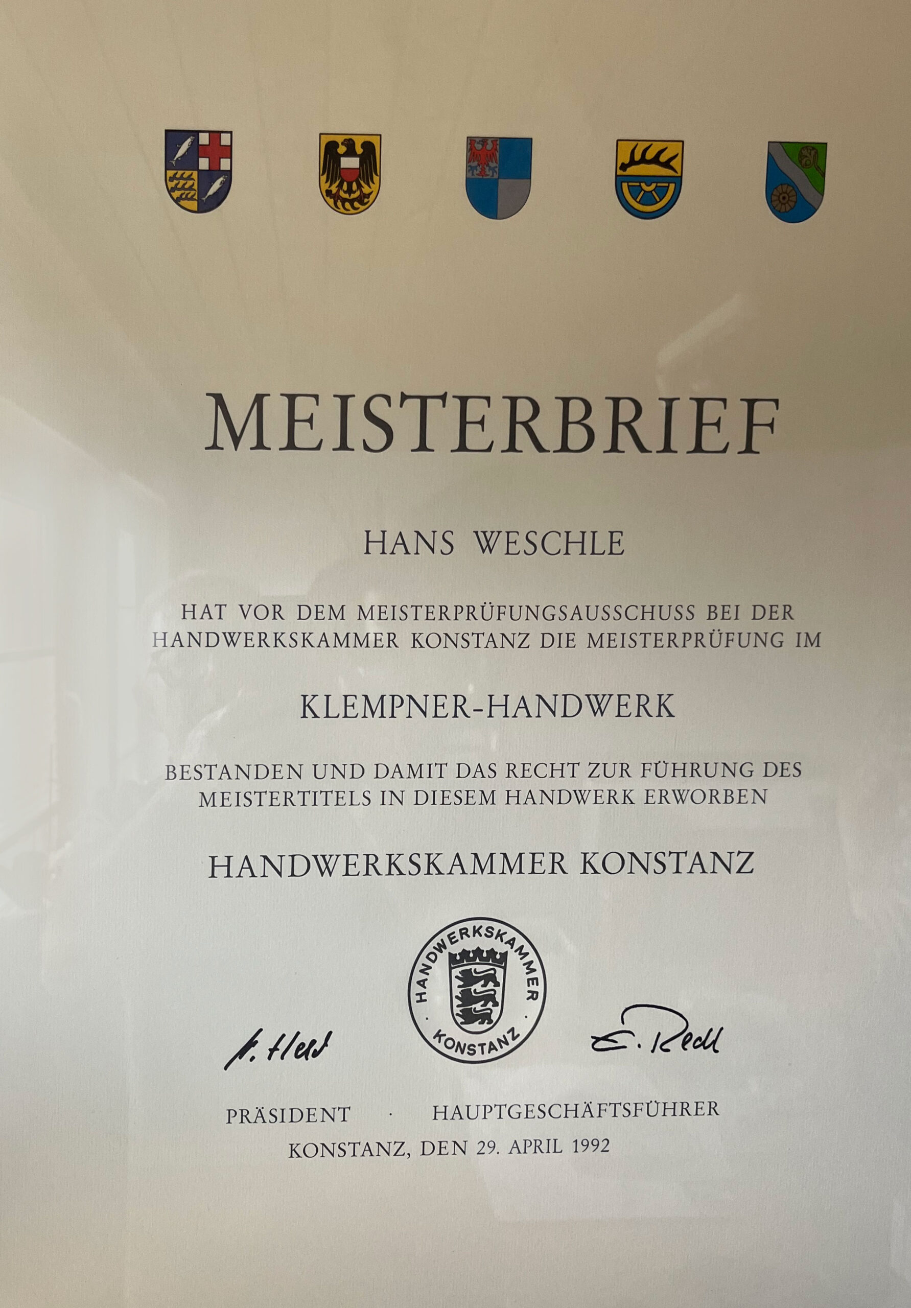 Meisterbrief Hans Weschle Klempner-Handwerk